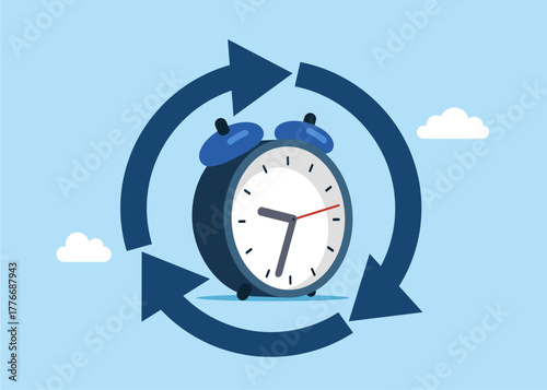 Alarm clock inside a round arrow, time passage. Vector flat illustration
