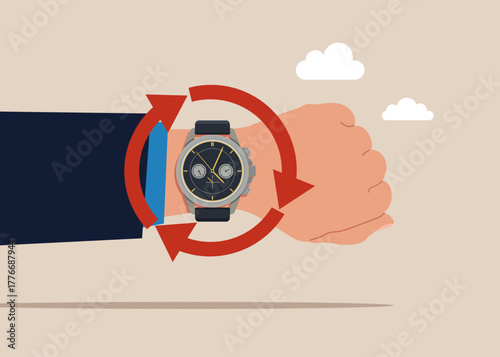Wrist watch inside a round arrow, time passage. Vector flat illustration