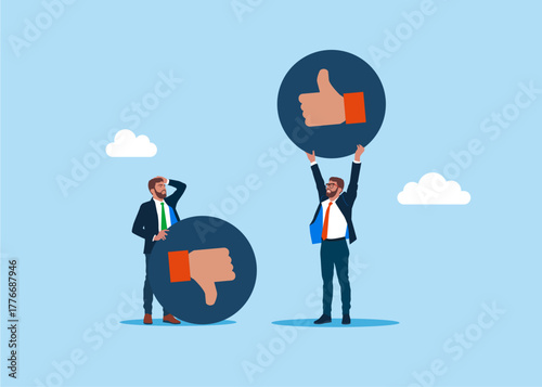 Businessmen arguing showing like and dislike. Customer feedback. Vector flat illustration