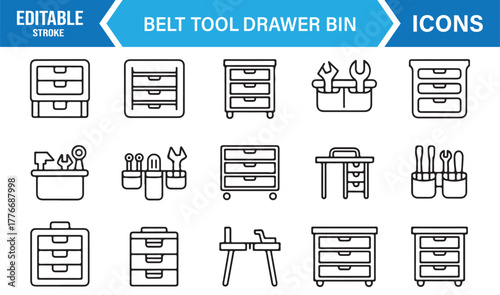 Workshop equipment line icons – belt, toolbox, and repair tools editable stroke vector set.