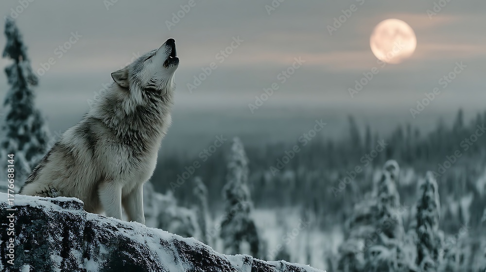 Naklejka premium Wild wolf standing on snow high resolution image