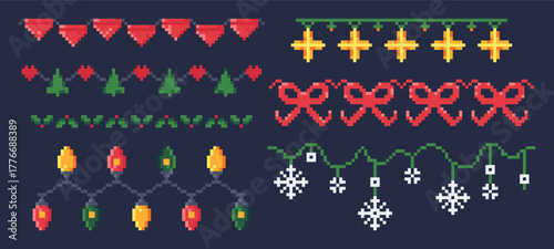 Pixel Art Christmas Garlands and Borders Set.