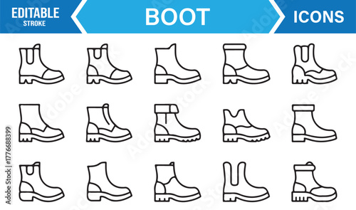Outline boot vector set – editable stroke icons of footwear for hiking and workwear design.