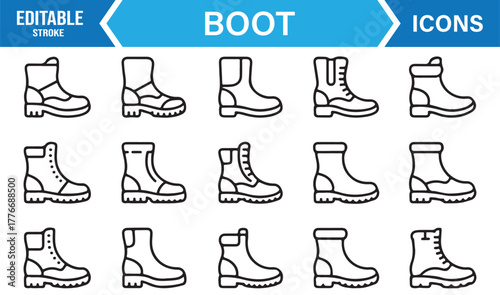 Hiking and work boot icons – editable stroke vector for outdoor gear and apparel design.