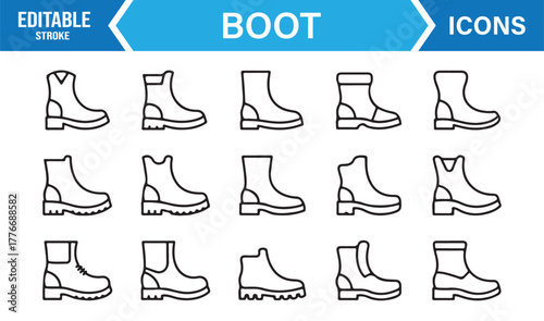 Editable stroke vector of hiking and safety boots – outline footwear icon set.