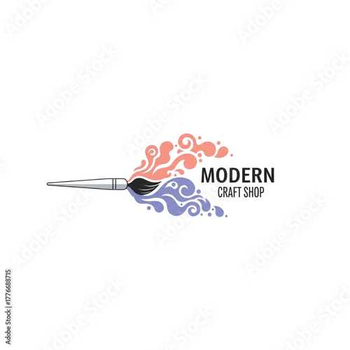 Stylish logo for craft shop or art supply business, featuring a creative paintbrush design with vibrant paint splashes and modern typography, perfect for branding
