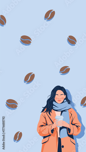 Trendy minimalist vector of a woman in a coat holding coffee on a pastel blue background with coffee beans. Perfect for mobile wallpapers, social media banners, seasonal posts, lifestyle blogs.