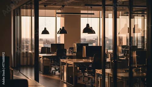 Stylish open office featuring natural light at dusk, sleek desks, computers, and a tranquil ambiance perfect for creative work.
