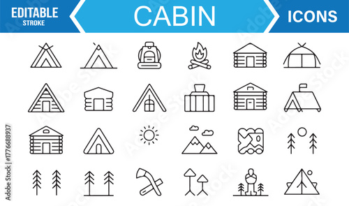 Camping and vacation line icons – cabin, tent, mountain, and outdoor nature vector illustrations.