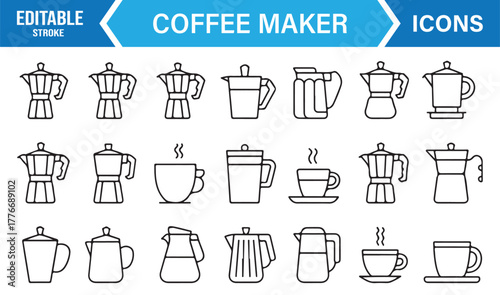 Editable stroke coffee equipment icons – barista pot, mug, and café brewing vector set.
