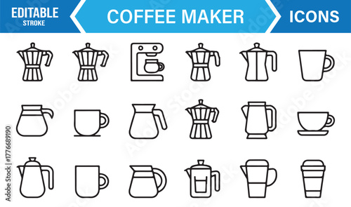 Vector line icons of coffee and tea makers – moka pot, cup, and espresso symbol collection.