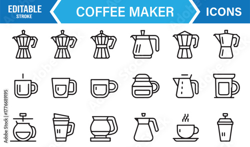 Coffee brewing and serving icons – editable stroke vector of café cups, pots, and kitchenware.