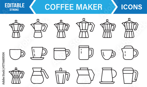Outline coffee maker icon pack – vector of mugs, cups, kettles, and barista equipment.