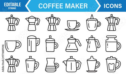 Editable stroke vector of coffee brewing icons – moka pot, espresso, and hot drink illustrations.