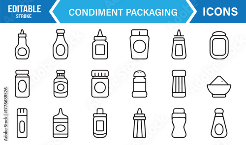 Editable stroke vector icons of condiment containers – food jars, seasoning bottles, and sauces.