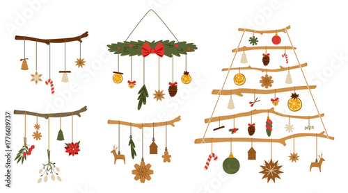 Set of Sustainable Christmas Hanging Decorations.