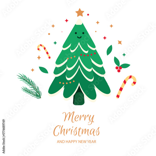 New year card. Christmas tree, the fir branch, candy, star, text. Vector illustration