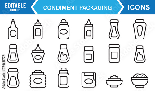 Vector icon pack of condiment packaging – sauce, seasoning, and flavor containers line illustration.