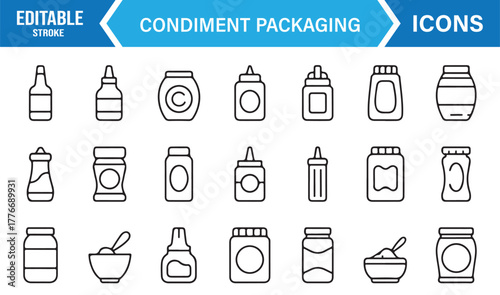 Editable stroke condiment icon set – vector illustration of ketchup, mustard, and sauce packaging.