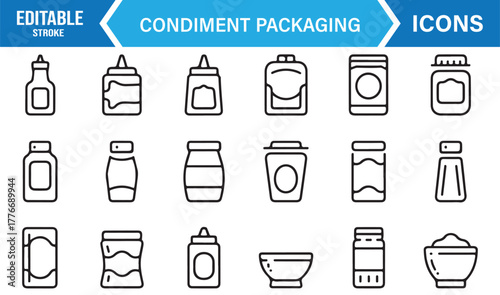 Line vector icons of condiment packaging – bottles, jars, and seasoning containers for food design.