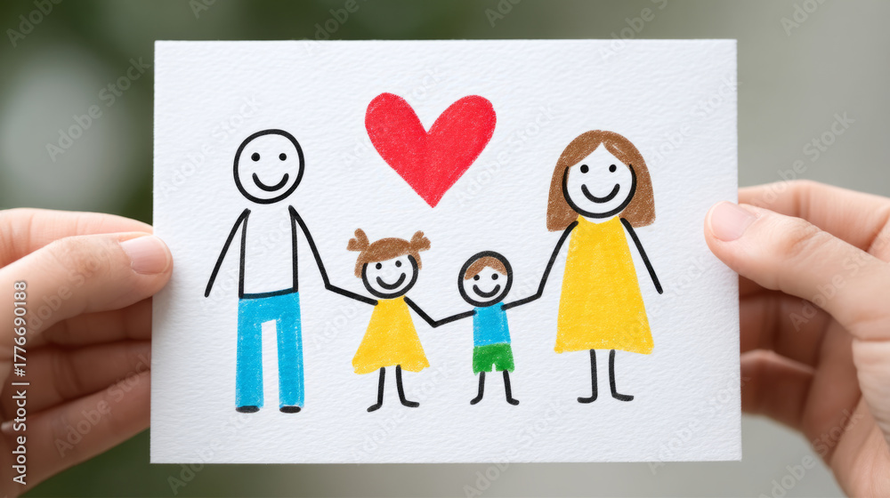 Obraz premium Child holding family drawing with smiling faces and heart symbol