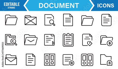 Editable stroke line icons of office documents and folders – minimal vector for data storage design.