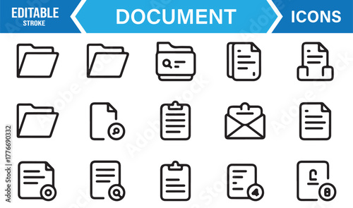 Outline document and office storage icons – vector illustration of folder, printer, and data files.
