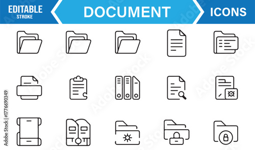Editable stroke vector pack of file folders, sheets, and document management symbols.