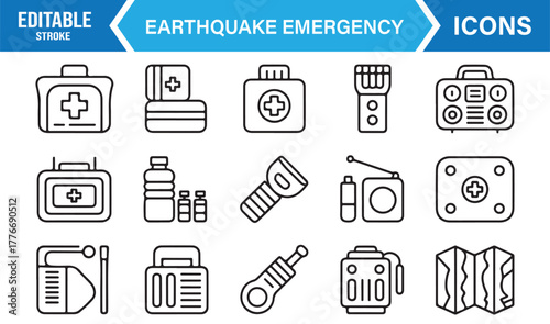 Emergency preparedness line icons – editable stroke disaster and survival vector collection.