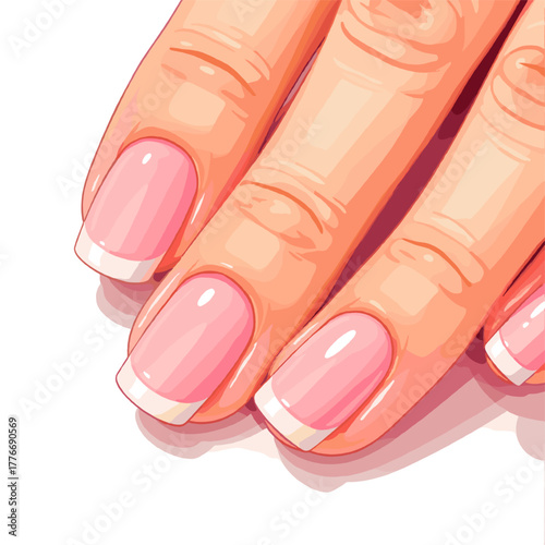 Female hand with soft nude pink manicure, elegant natural nail care illustration conveying beauty, skincare routine, femininity and gentle minimal aesthetic