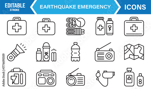 Vector icons of earthquake emergency tools – line set of aid, battery, radio, and safety pack.