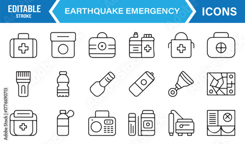 Editable stroke earthquake icon pack – first aid kit, battery, water, and rescue tools vector.