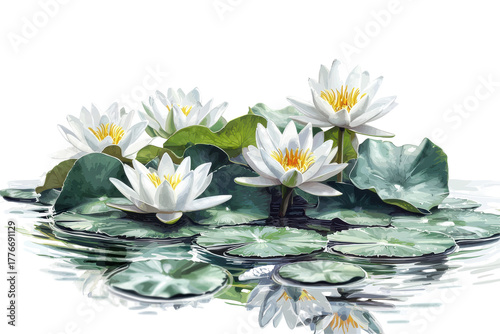Water Lilies Pond With Green Leaves. Tranquil Nature Scene And Botanical Beauty Isolated On Transparent Background