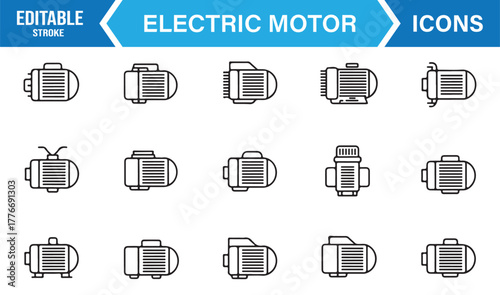 Editable stroke vector icons of electric motors, generators, and industrial rotary devices.