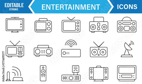 Editable stroke vector of media, radio, and sound system icons – modern entertainment symbol pack.