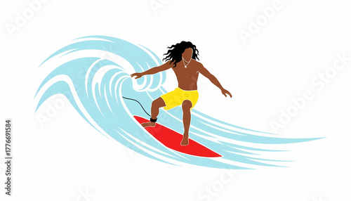 A man with long curly hair skillfully rides a vibrant red surfboard on a stylized blue ocean wave, capturing the essence of the surfing sport