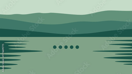 A serene landscape featuring layered mountains reflected in calm water with five dark circles in the middle