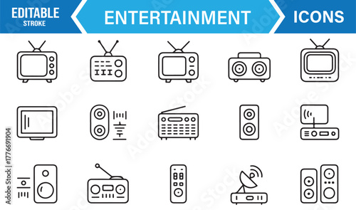 Vector icons of entertainment and media equipment – television, sound system, and broadcasting tools.