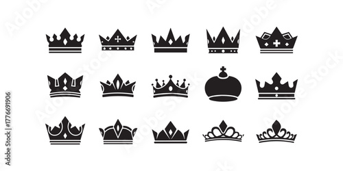 Crown vector icons set isolated on white background. King or queen Crown icons set black silhouettes. Crown king premium quality symbol collection. Stock vector elements isolated.