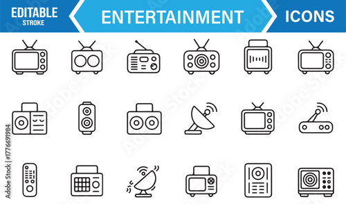 Entertainment line icon set – editable stroke vector of TV, radio, speakers, and home media devices.