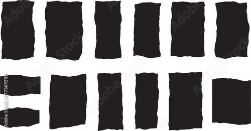 Collection of ripped paper elements featuring jagged edges and black silhouettes, perfect for vintage or retro-style collages. Ideal for scrapbook designs, posters, flyers, digital art