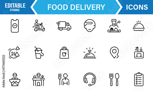 Minimal line vector icons of food courier, takeaway bag, and digital meal ordering system.