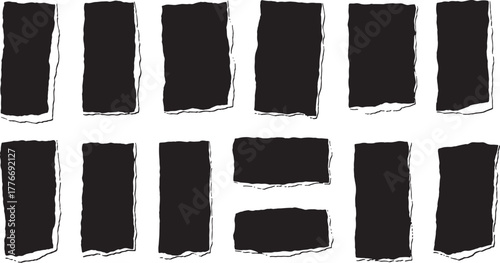 Collection of ripped paper elements featuring jagged edges and black silhouettes, perfect for vintage or retro-style collages. Ideal for scrapbook designs, posters, flyers, digital art