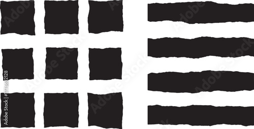 Collection of ripped paper elements featuring jagged edges and black silhouettes, perfect for vintage or retro-style collages. Ideal for scrapbook designs, posters, flyers, digital art