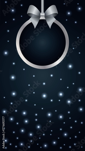 An elegant vector Christmas background with a silver ball and sparkling lights on a dark background – perfect for holiday banners, vertical social media posts, covers, and mobile wallpapers.
