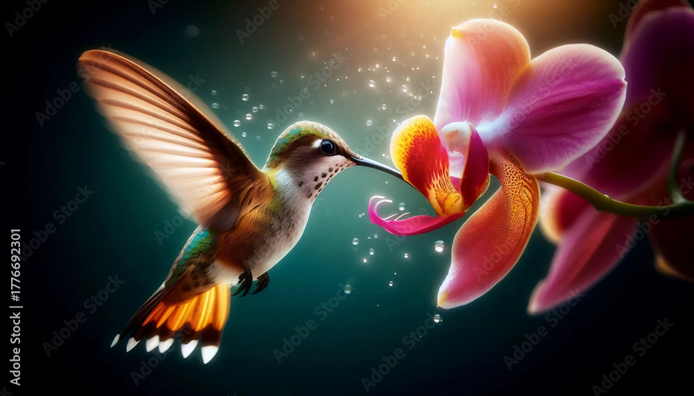 Fototapeta premium An orchid with a hummingbird, Ai generated image