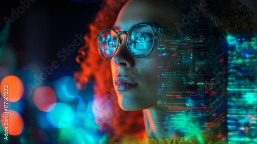 Advanced tech analysis by a modern, focused woman. Smart technology. Woman with chic glasses analyzes complex digital displays. Cognitive computing. Ai collaboration.