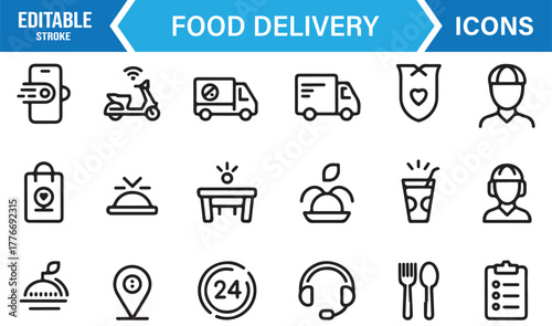 Food delivery service icons – editable stroke vector of courier, scooter, takeaway, and restaurant app elements.