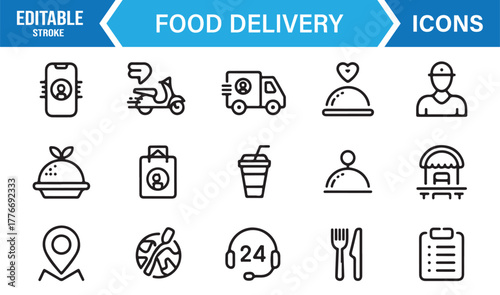 Line icons set of online food ordering, restaurant delivery, and courier service in modern vector style.