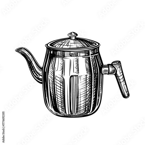 Tea kettle. Vector hand drawn illustration of teapot in engraved style. Metallic household kitchen utensils. Black and white sketch isolated on white background